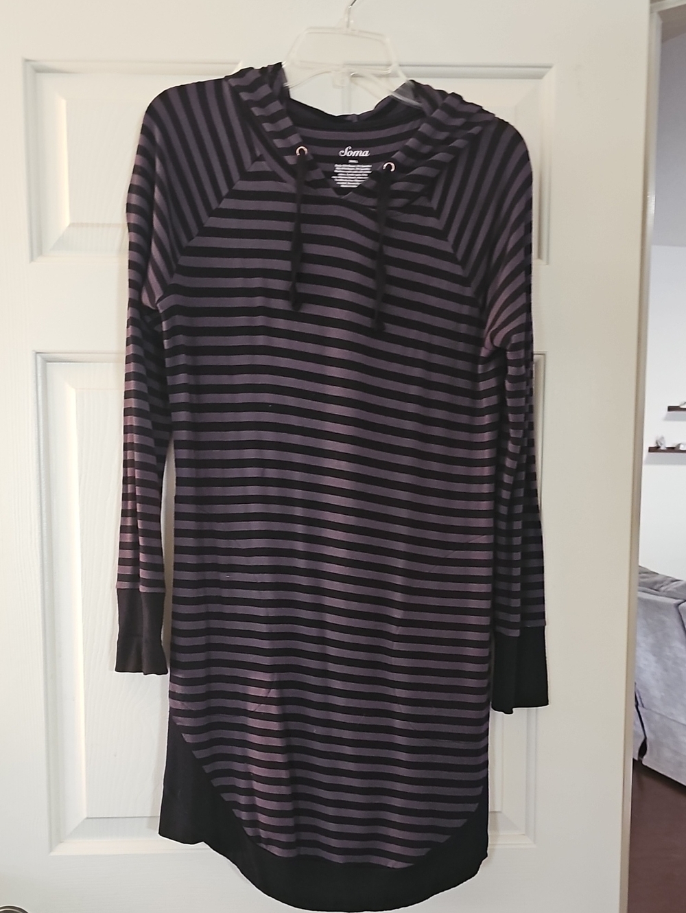 Soma Black and Purple Striped Hooded Long-Sleeve Dress